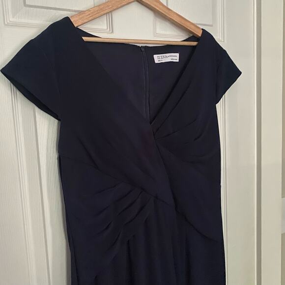 Mac Duggal Ieena Gown Dress Maxi Navy Blue Slit V Neck Sleeves Ruched Stretch - Picture 6 of 11